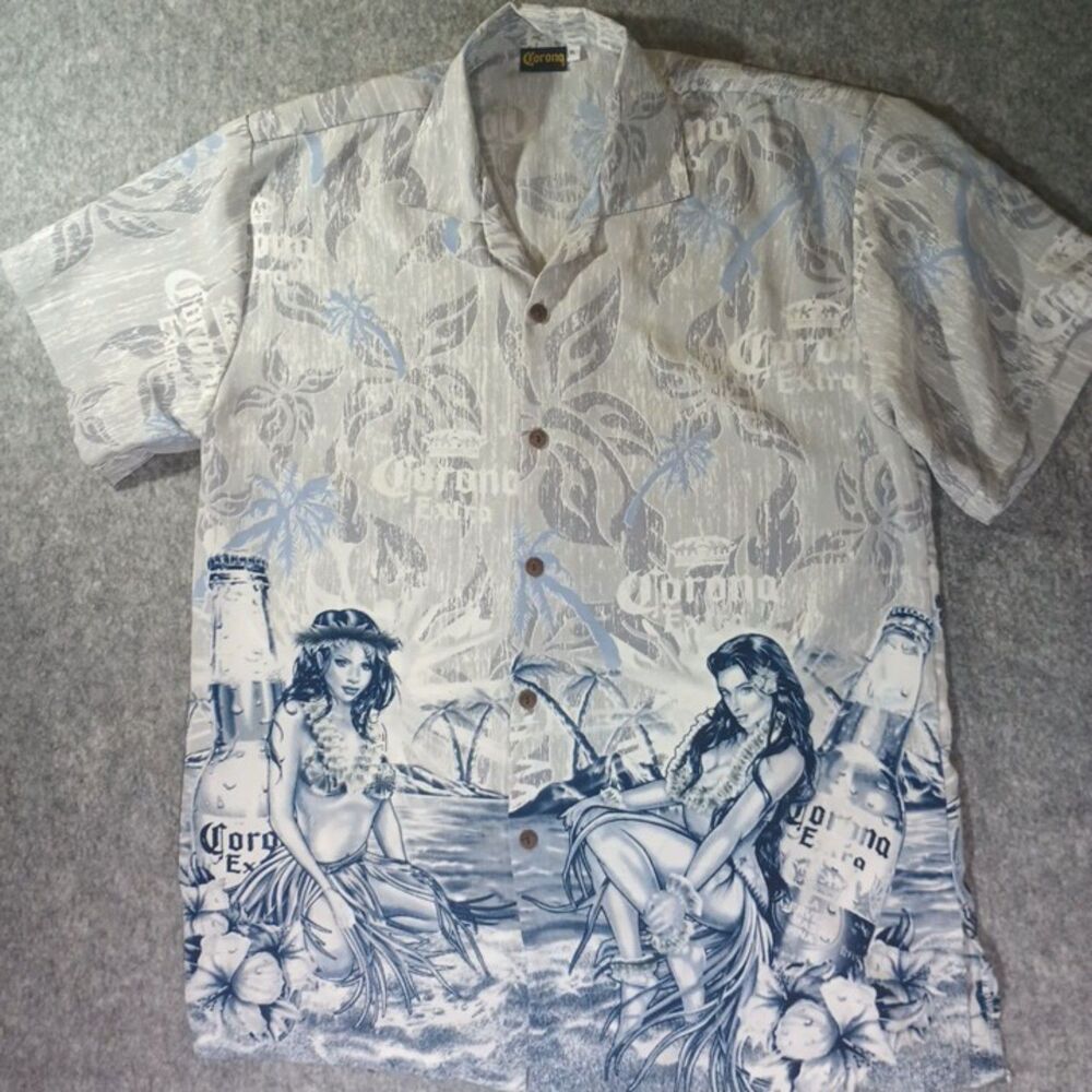 Corona Hula Girl Hawaiian Blue and White Shirt Size XL